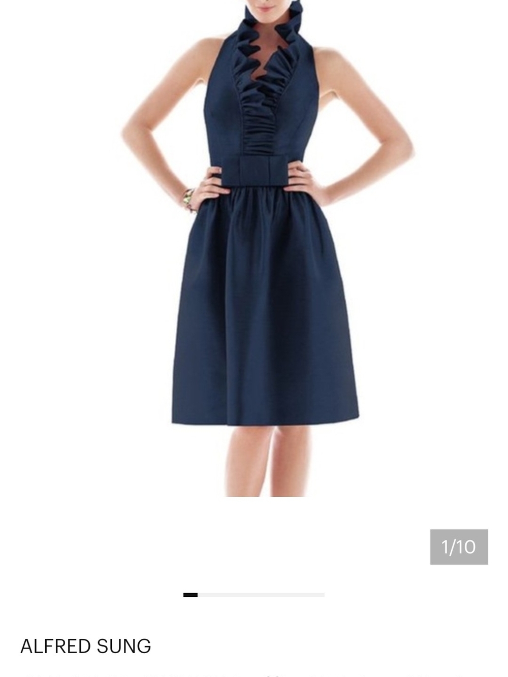 ALFRED SUNG Navy Ruffle Halter Tea-Length Dress Size 20